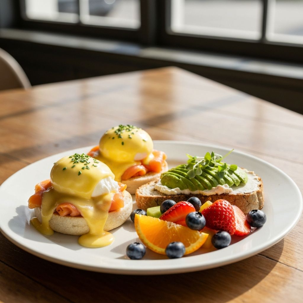 Café breakfast spread with eggs, avocado toast and fresh fruit