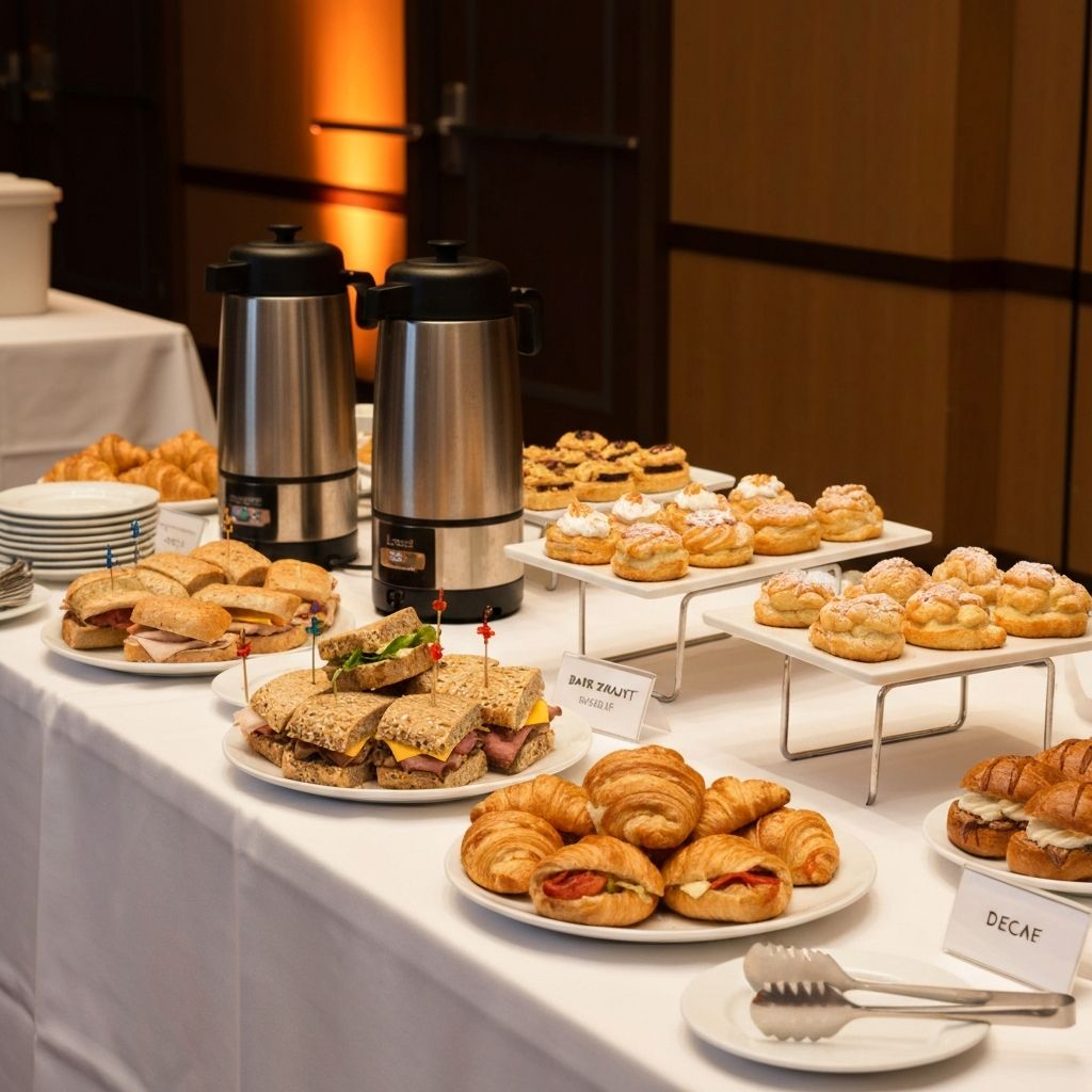 Café catering spread with sandwiches, pastries and coffee for an event