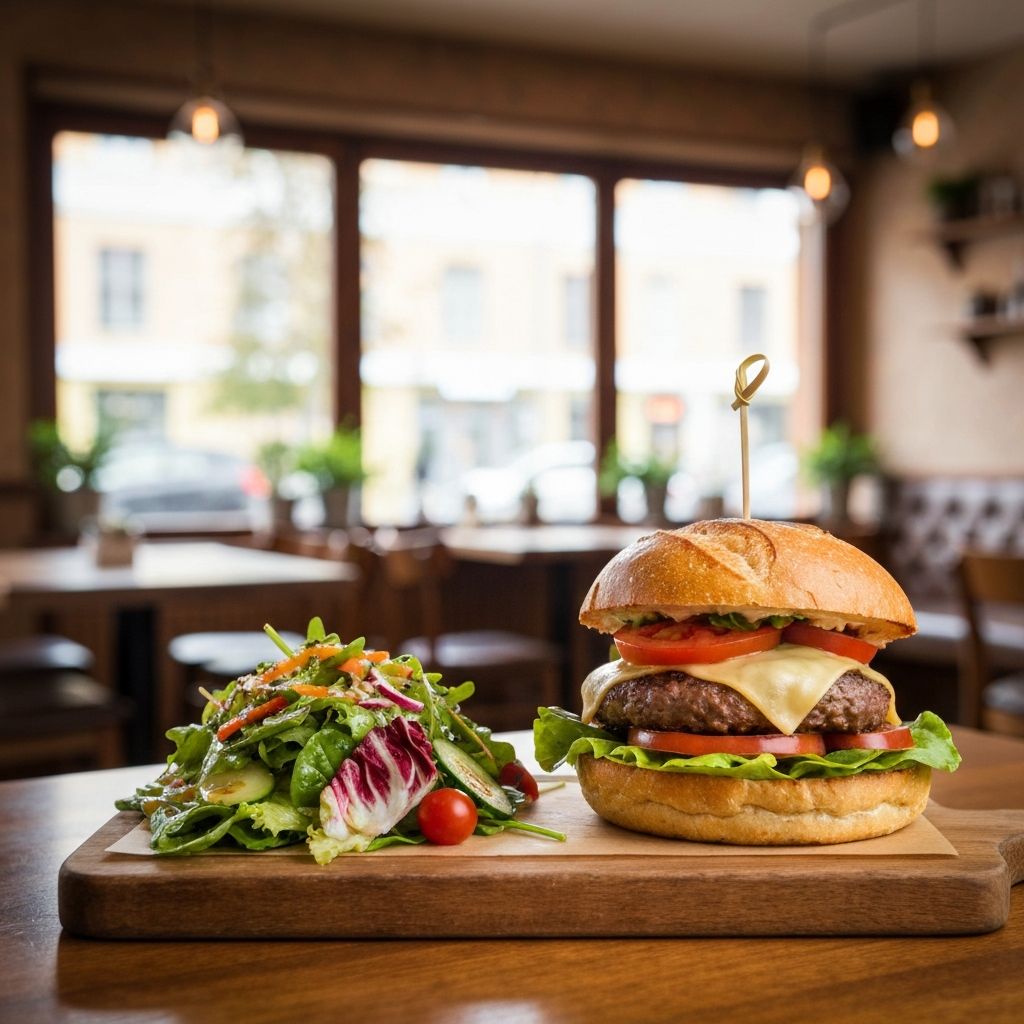 Gourmet café burger with fresh salad served on a wooden board